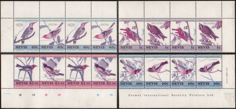 1985 Birth Bicentenary of John J. Audubon Birds Error (missing yellow) in All Four Double Paired Corners From the Sheet
