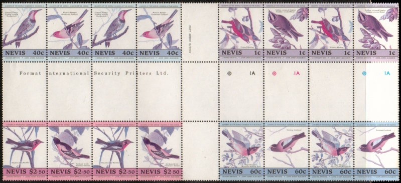 1985 Birth Bicentenary of John J. Audubon Birds Error (missing yellow) in Cross Gutter with Double Pairs