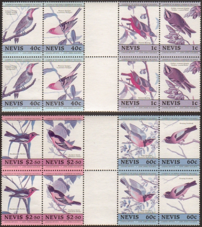 1985 Birth Bicentenary of John J. Audubon Birds Error (missing yellow) in Vertical Gutters with Double Pairs