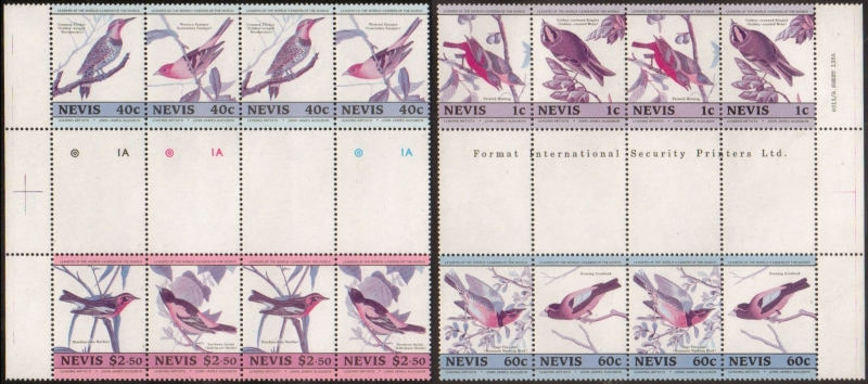 1985 Birth Bicentenary of John J. Audubon Birds Error (missing yellow) in Side Horizontal Gutters with Double Pairs