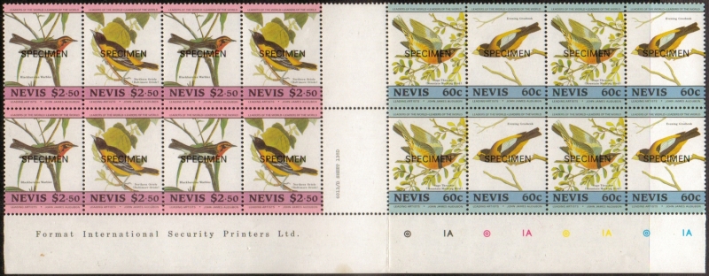 1985 Birth Bicentenary of John J. Audubon Birds SPECIMEN Overprinted Stamps in Bottom Selvage Vertical Gutters with Quadruple Pairs