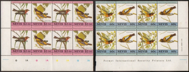 1985 Birth Bicentenary of John J. Audubon Birds SPECIMEN Overprinted Stamps in Two Quadruple Paired Corners From the Sheet
