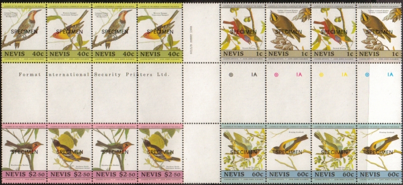 1985 Birth Bicentenary of John J. Audubon Birds SPECIMEN Overprinted Stamps in Cross Gutter with Double Pairs