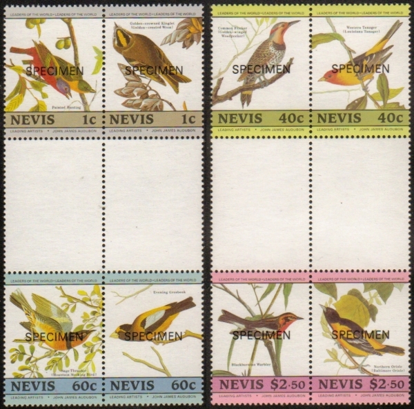 1985 Birth Bicentenary of John J. Audubon Birds SPECIMEN Overprinted Stamps in Horizontal Gutters with Single Pairs