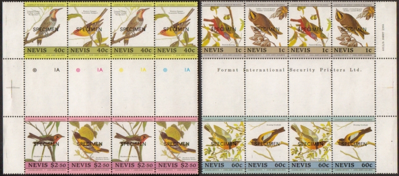 1985 Birth Bicentenary of John J. Audubon Birds SPECIMEN Overprinted Stamps in Side Horizontal Gutters with Double Pairs