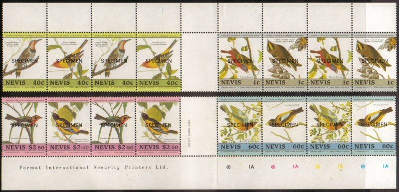 1985 Birth Bicentenary of John J. Audubon Birds SPECIMEN Overprinted Stamps in Top and Bottom Selvage Vertical Gutters with Double Pairs