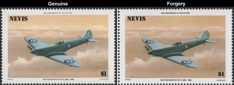 Nevis 1986 Spitfire Forgery with Genuine $1 Stamp Comparison