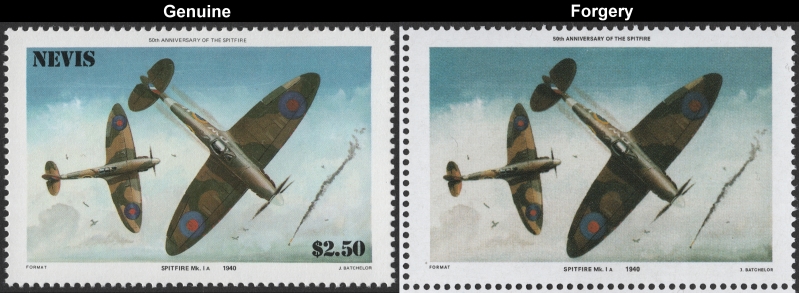 Nevis 1986 Spitfire Forgery with Genuine $2.50 Stamp Comparison