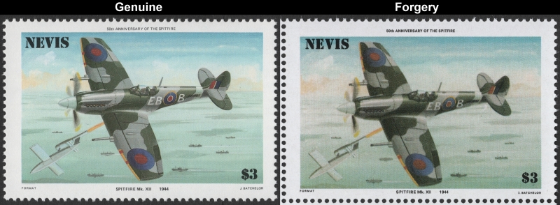 Nevis 1986 Spitfire Forgery with Genuine $3 Stamp Comparison