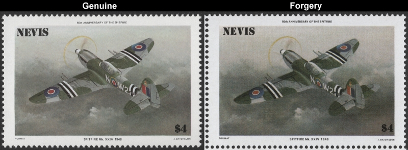 Nevis 1986 Spitfire Forgery with Genuine $4 Stamp Comparison