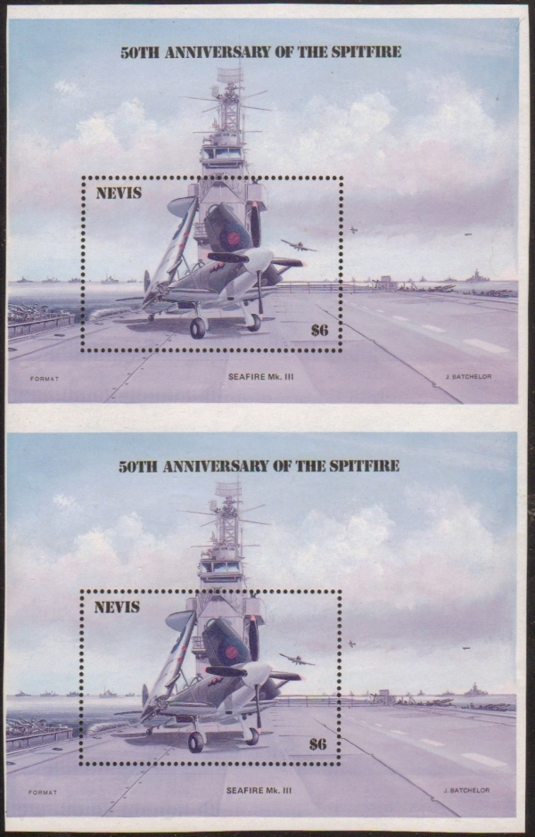 1986 50th Anniversary of the Spitfire error (missing yellow) Souvenir Sheet Pair with no Color Guide