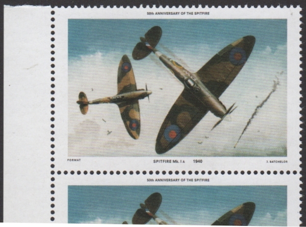 1986 50th Anniversary of the Spitfire Fake $2.50 Value with Missing Country Name and Value Error Stamp
