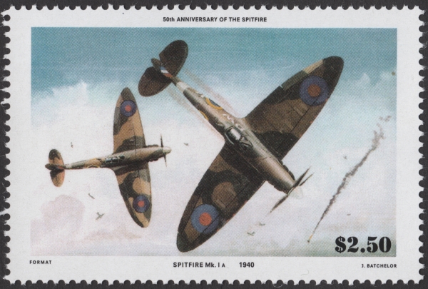 1986 50th Anniversary of the Spitfire Fake $2.50 Value with Missing Country Name Error Stamp