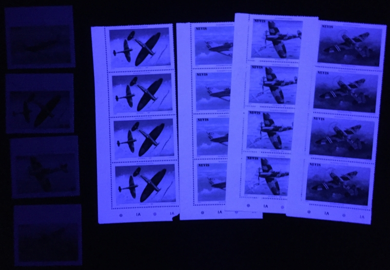 Nevis 1986 Spitfires Comparison of Forgeries with Genuine Stamps Under Ultra-violet Light
