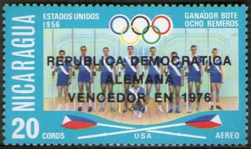 1976 Olympic Games Overprinted Celebrating East German Victory in the Rowing Event Stamp