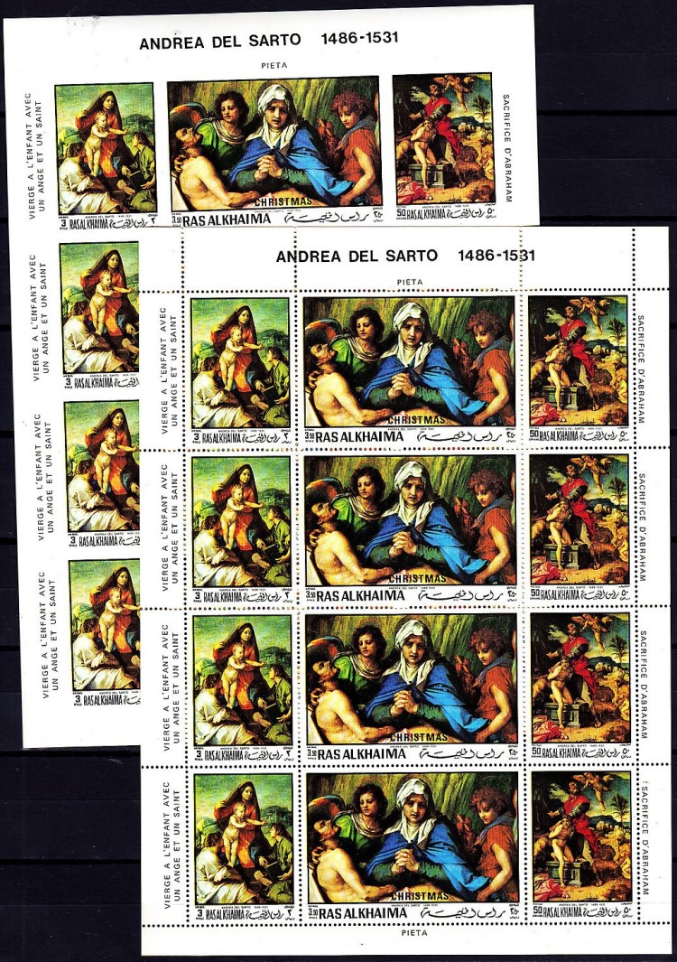 Ras al Khaima 1970 Christmas Paintings by Andrea Del Sarto Panes of 4 Strips Perf and Imperf
