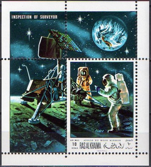 Ras al Khaima 1970 Exploration of Space Inspecting Surveyor (Apollo XII) Souvenir Sheet