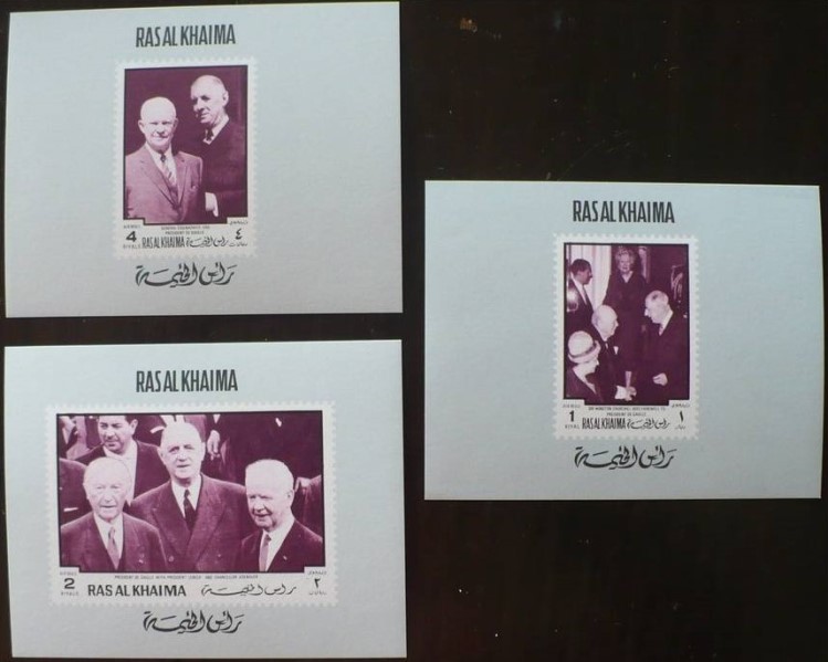 Ras al Khaima 1970 French History President de Gaulle Memorial Deluxe Sheetlet Set with Grayish Background