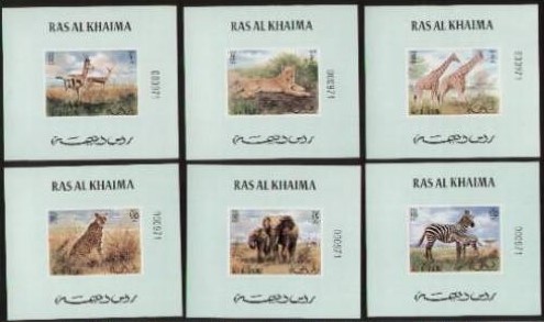 Ras al Khaima 1972 Wild African Animals Deluxe Sheetlet Set with Green Background and Numbered