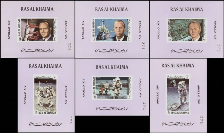 Ras al Khaima 1972 Apollo 14 Deluxe Sheetlet Set with Lavender Background and Numbered