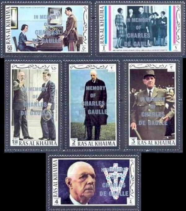 Ras al Khaima 1972 Charles de Gaulle Memorial Overprinted Stamps
