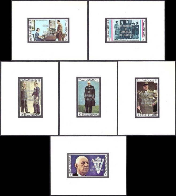 Ras al Khaima 1972 Charles de Gaulle Memorial Overprinted Deluxe Sheetlet Set with White Background