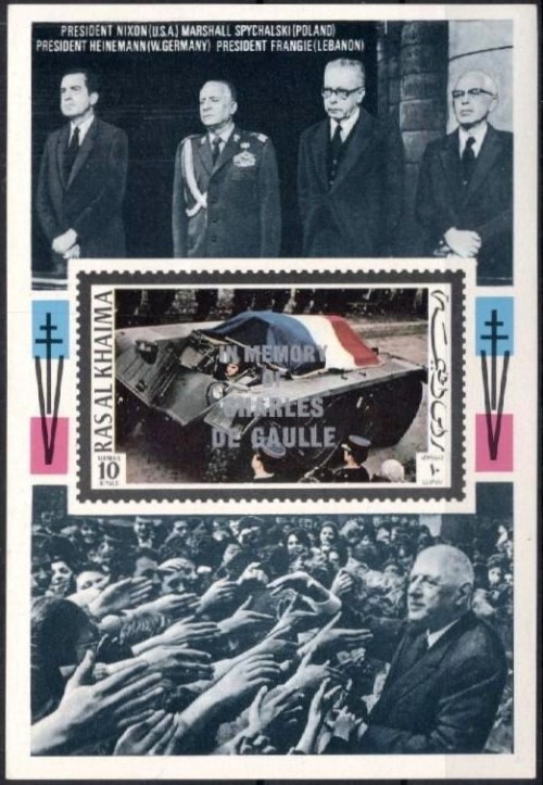 Ras al Khaima 1972 Charles de Gaulle Memorial Overprinted Souvenir Sheet