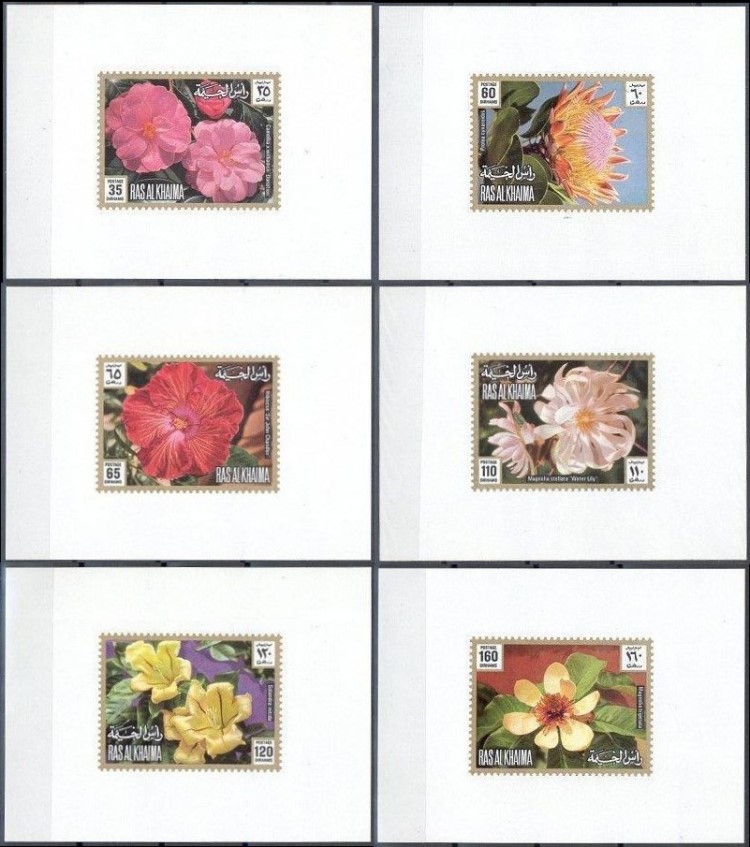 Ras al Khaima 1972 Flowers Deluxe Sheetlet Set with White Backgrounds