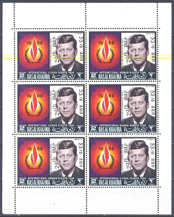 Ras al Khaima 1972 53rd Anniversary of the Birth of John F. Kennedy Overprinted Stamp Pane of 6