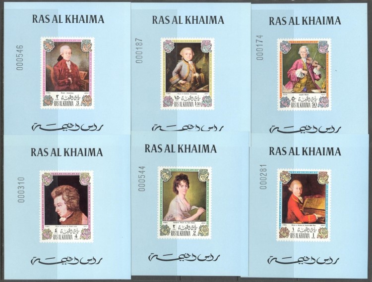 Ras al Khaima 1972 Mozart Deluxe Sheetlet Set with Blue Background and Numbered