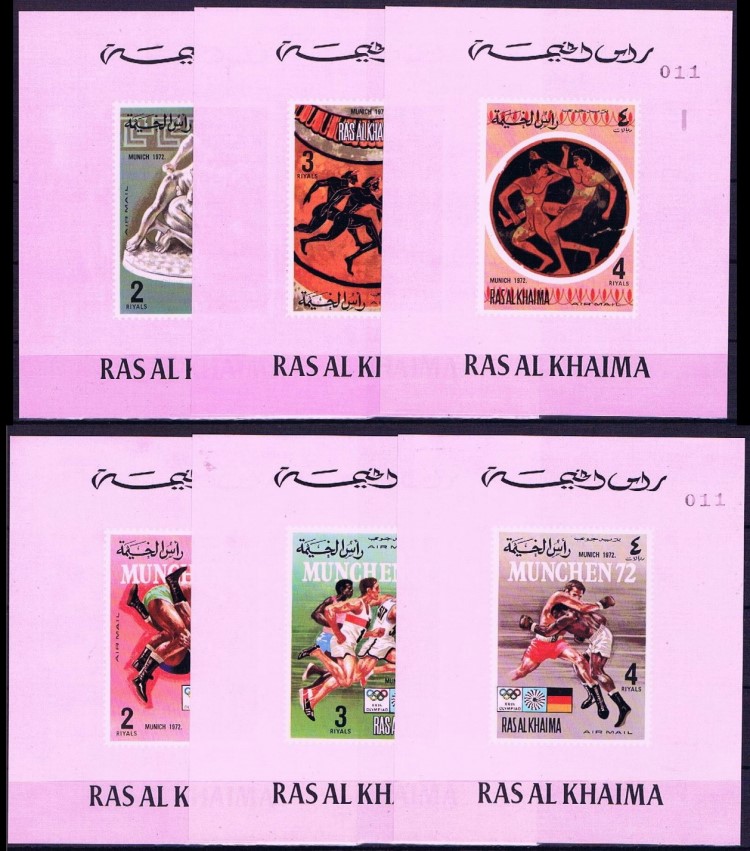 Ras al Khaima 1972 Olympic Games Old & New Sports (1st issue) Deluxe Sheetlet Set with Pink Background and Numbered