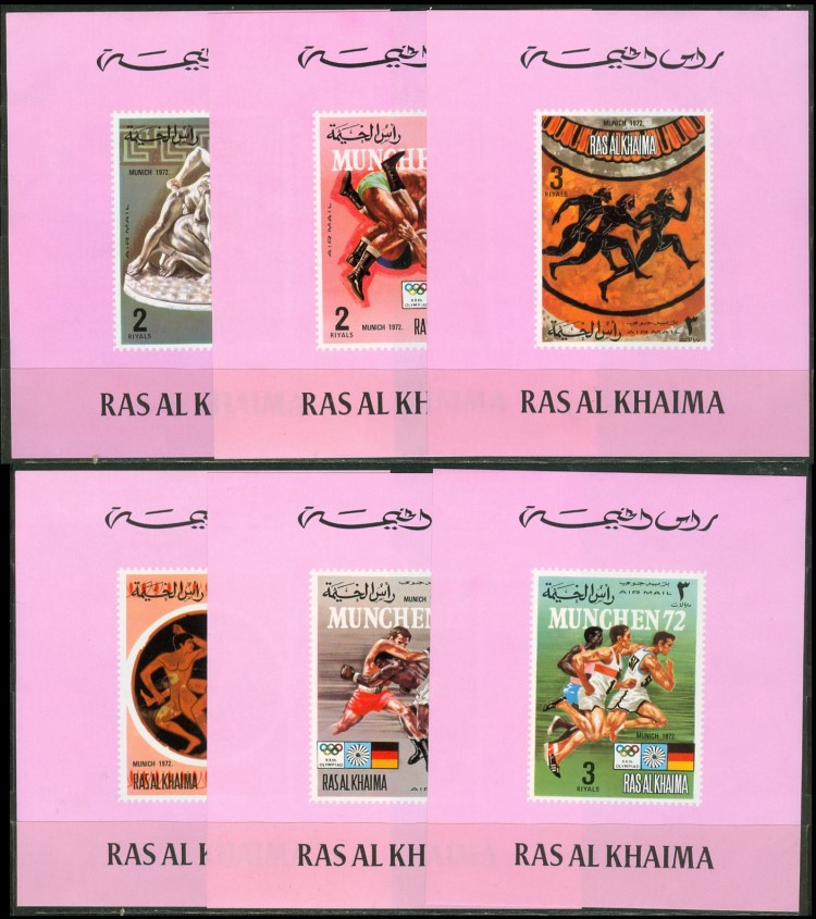 Ras al Khaima 1972 Olympic Games Old & New Sports (1st issue) Deluxe Sheetlet Set with Pink Background