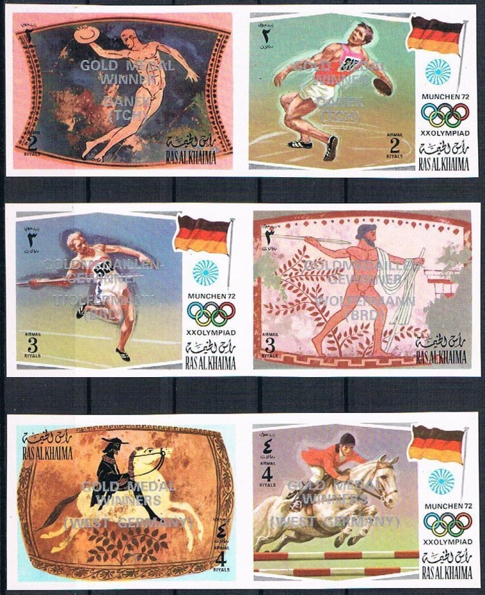 Ras al Khaima 1972 Olympic Games Old & New Sports (2nd issue) Overprinted Stamp Pairs