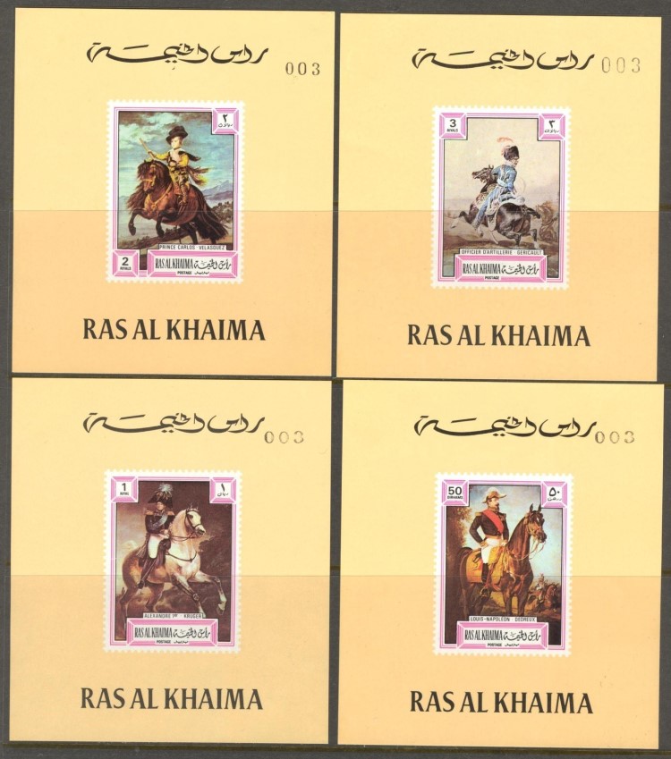 Ras al Khaima 1972 Paintings of Old Masters Deluxe Sheetlet Set with Yellow Backgrounds and Numbered