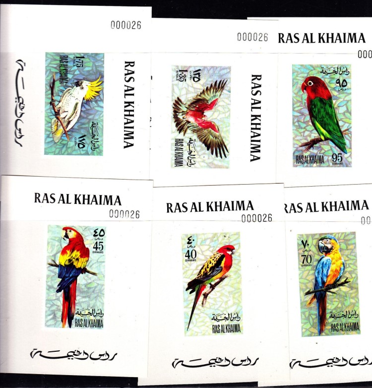 Ras al Khaima 1972 Parrots Deluxe Sheetlet Set with White Background and Numbered