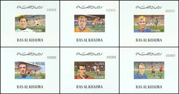 Ras al Khaima 1972 European Soccer Deluxe Sheetlet Set with White Background and Numbered