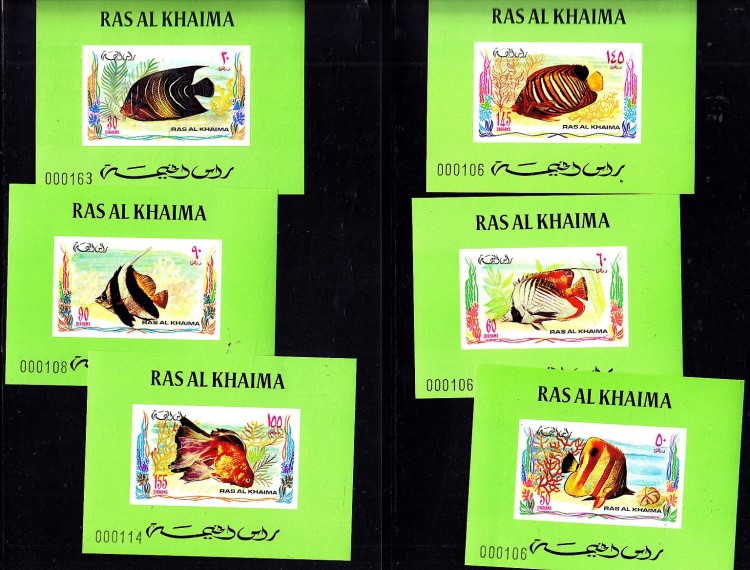 Ras al Khaima 1972 Tropical Fish Deluxe Sheetlet Set with Green Background and Numbered