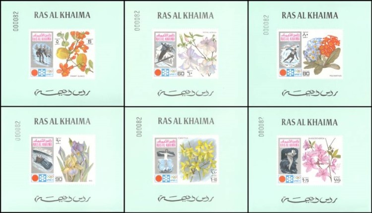 Ras al Khaima 1972 Winter Olympics (Sapporo) Deluxe Sheetlet Set with Green Background and Numbered
