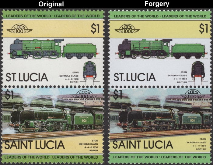 Saint Lucia 1983 Locomotives Eton Fake with Original $1 Stamp Comparison