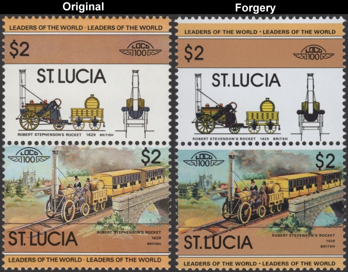 Saint Lucia 1983 Locomotives Robert Stephenson's Rocket Fake with Original $2 Stamp Comparison