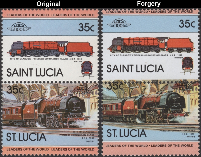 Saint Lucia 1983 Locomotives City of Glasgow Fake with Original 35c Stamp Comparison