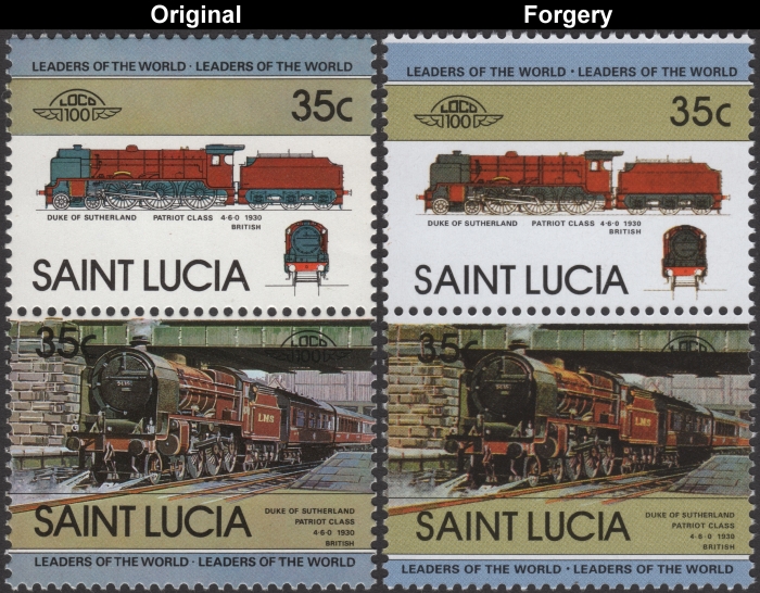 Saint Lucia 1983 Locomotives Duke of Sutherland Fake with Original 35c Stamp Comparison