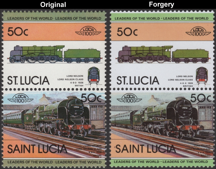 Saint Lucia 1983 Locomotives Lord Nelson Fake with Original 50c Stamp Comparison