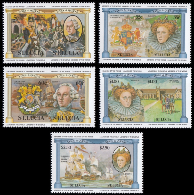 Saint Lucia 1984 Leaders of the World British Monarchs Imperforate Between Stamp Forgeries