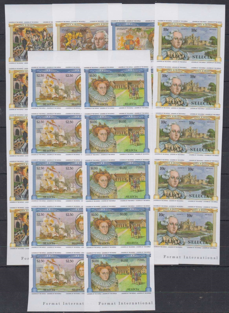 Saint Lucia 1984 Leaders of the World British Monarchs Imperforate Stamp Strip Forgery Set Sold on eBay