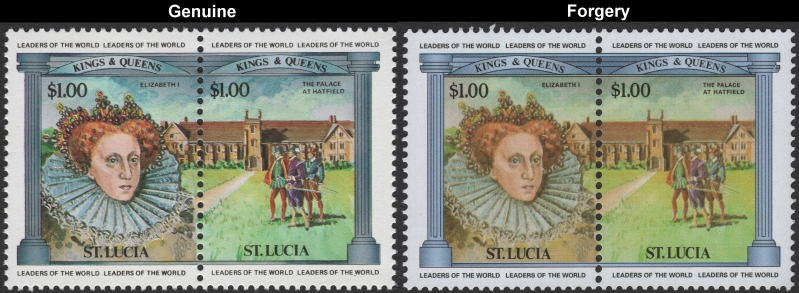 Saint Lucia 1984 British Monarchs $1.00 Queen Elizabeth I and the Palace at Hatfield Fake with Original $1.00 Stamp Comparison