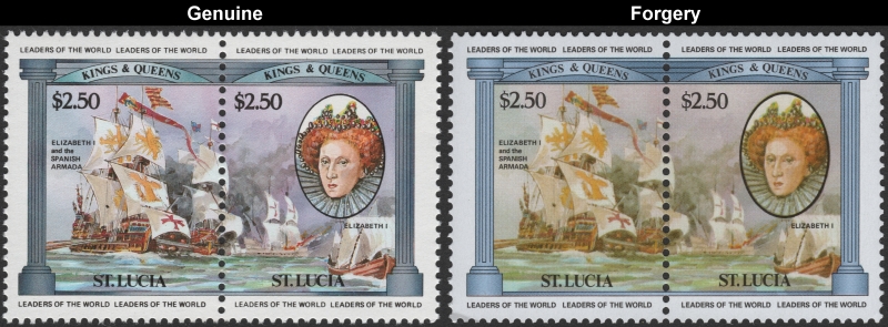 Saint Lucia 1984 British Monarchs $2.50 Queen Elizabeth I and the Spanish Armada Fake with Original $2.50 Stamp Comparison