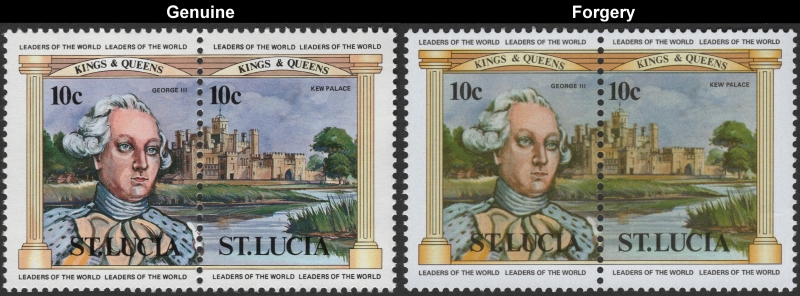 Saint Lucia 1984 British Monarchs 10c King George III and Kew Palace Fake with Original 10c Stamp Comparison