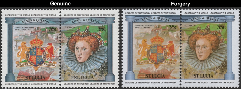 Saint Lucia 1984 British Monarchs 35c Queen Elizabeth I and Coat of Arms Fake with Original 35c Stamp Comparison