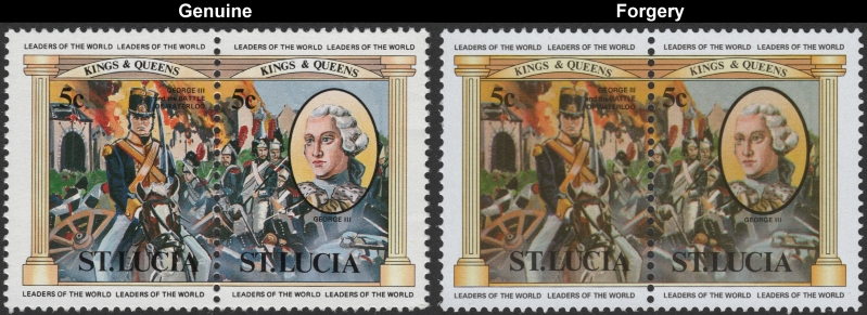 Saint Lucia 1984 British Monarchs 5c King George III and the Battle of Waterloo Fake with Original 5c Stamp Comparison